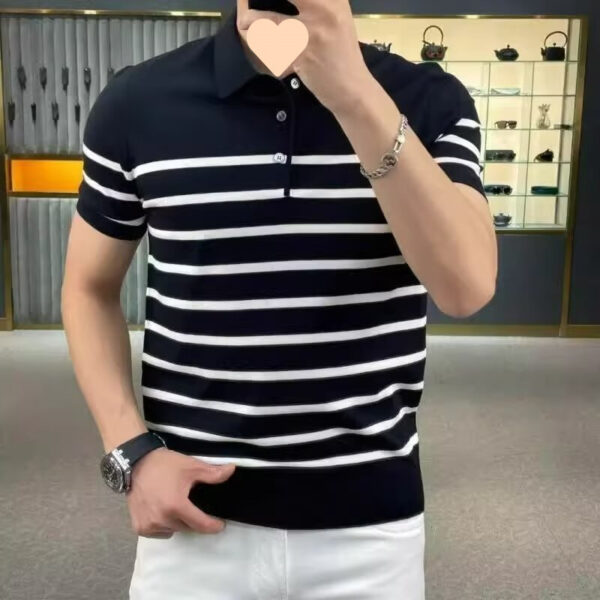Lightly Mature Personality Striped Lapel Knitted T-shirt