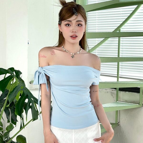 Pleated One-shoulder Backless Twisted Lace-up Asymmetric T-shirt Top - Image 3
