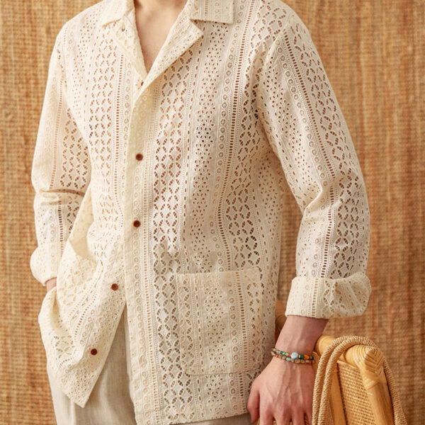 Cotton Hollow Cuban Collar Long Sleeve Shirt - Image 4
