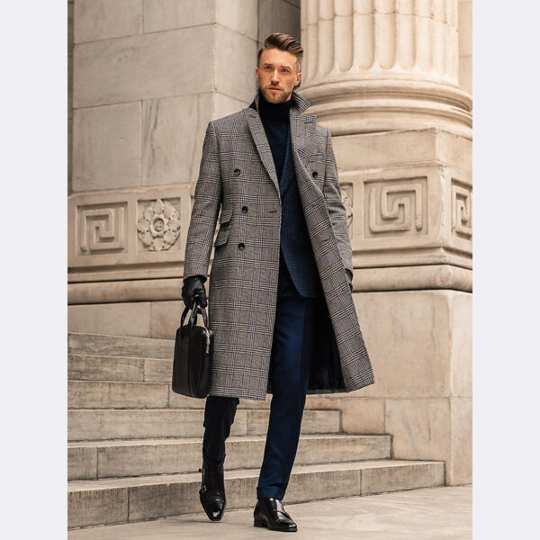 Full Wool Suit Collar Medium Length Double Breasted Checked Overcoat - Image 3