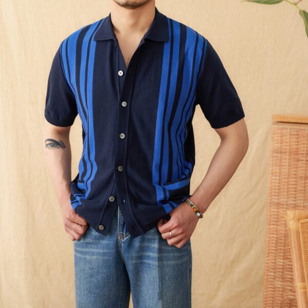 Cotton Striped Breathable Short-sleeved Knitted Cardigan Polo Shirt - Image 5