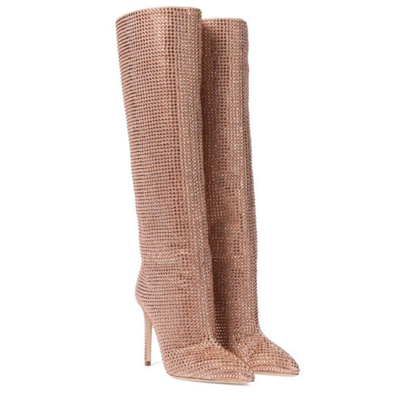 Women's Fashion Pointed Toe Stiletto Rhinestone Tall Boots - Image 4