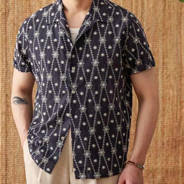 Holiday Pure Cotton Embroidery Cuban Collar Loose Shirt - Image 5