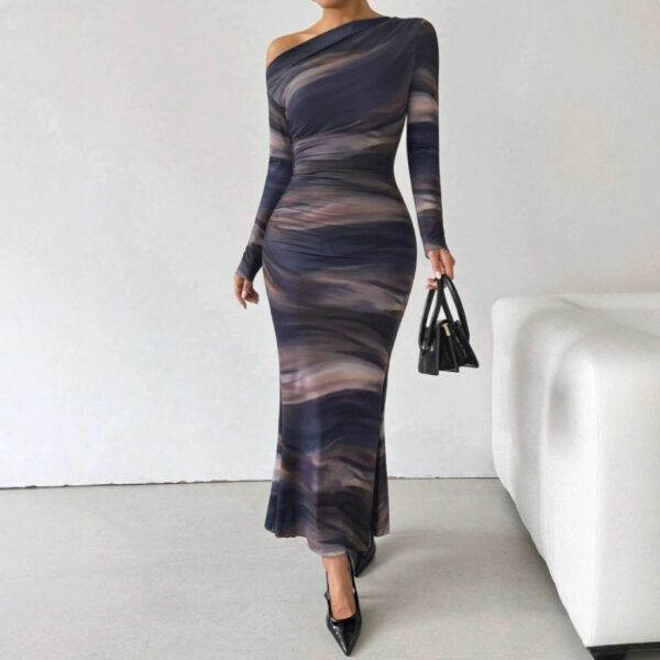 Tie-dyed Crossbody Shoulder Asymmetric Fold Dress - Image 4