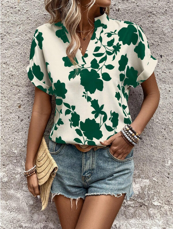 Big Floral Print V-neck Batwing Sleeve Leisure Loose Shirt - Image 4