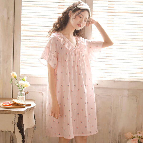 Women's Summer Short-sleeved Korean Style Cotton Nightdress With Chest Pad Floral Print - Image 3
