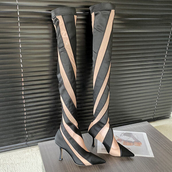 Pointed High Heel Elastic Thread Stitching Mesh Long Tube Over The Knee Boots - Image 5