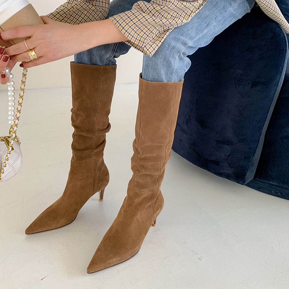 French Suede Boots Women’s Brown Stiletto Heel