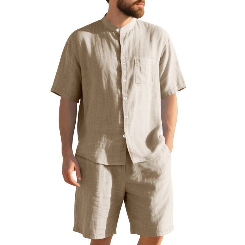 American Linen Suit Men’s Summer Two-piece Suit Henry Collar Beach