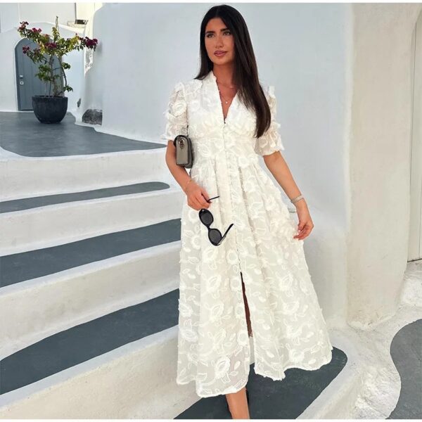 V-neck Puff Sleeve Dress White Embroidered Women - Image 3