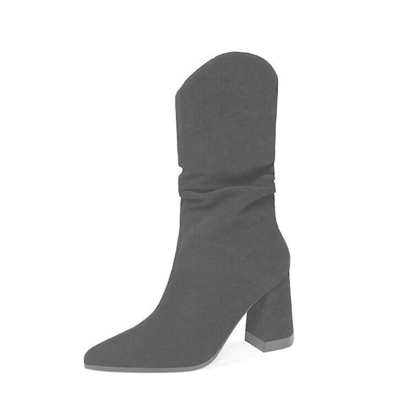 Women's Korean Style Thick Heel Pointed Toe Nubuck Leather Folded Mid-tube Ankle Boots - Image 5
