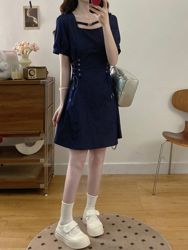 Plus Size Women's French Short Sleeve Dress Waist Slimming Denim Skirt Pear Shape - Image 4