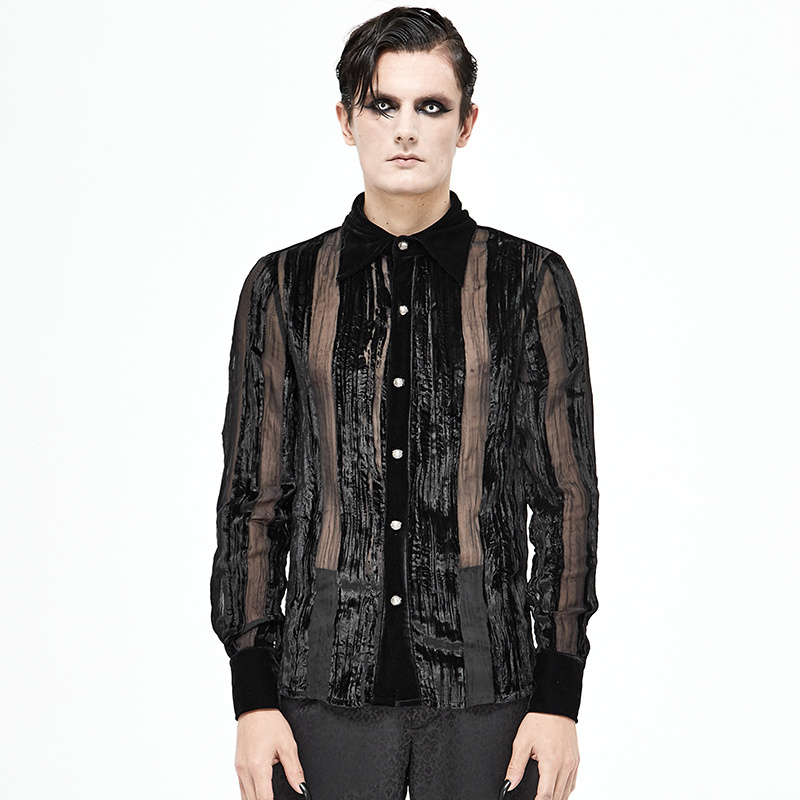 Men’s Demon Fashion Gothic Striped Velvet Burnt-out Pleated Shirt