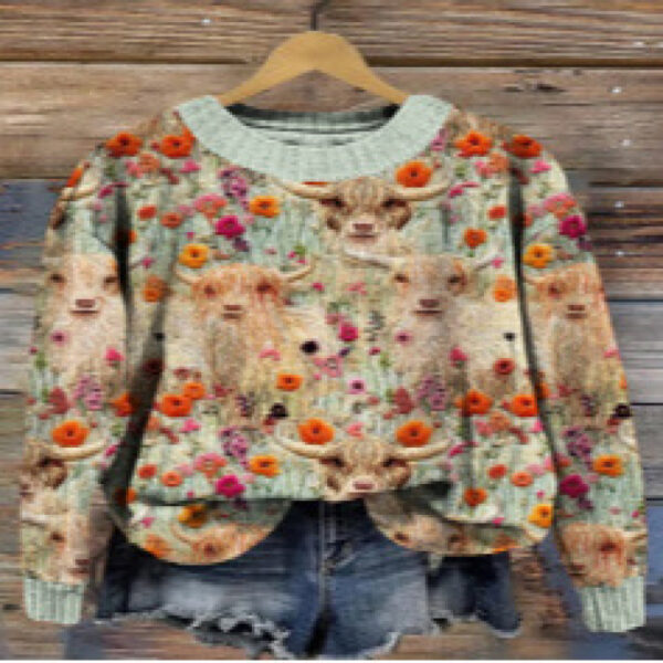 Little Flower Digital Printed Round Neck Sweater - Image 2