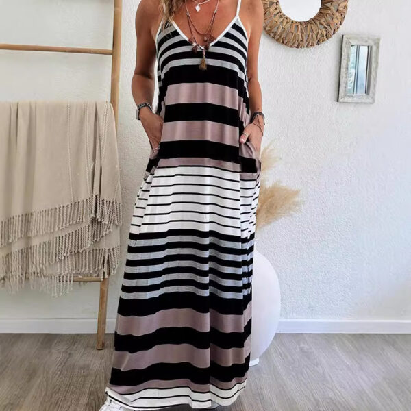 Loose Casual Low Cut Dress Striped Print