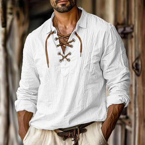 Men's Plus Size Lapels Lace Shirt Solid Color Linen Loose Long Sleeve Shirt - Image 2