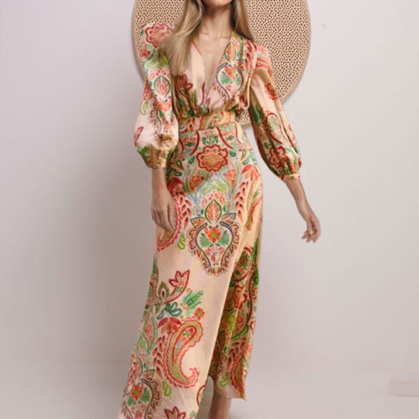 Ethnic Style V-neck Long Sleeve Tight Waist Slimming Sense Of Design A- Line Dress Women - Image 5