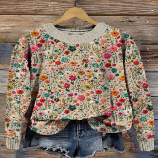 Little Flower Digital Printed Round Neck Sweater - Image 3