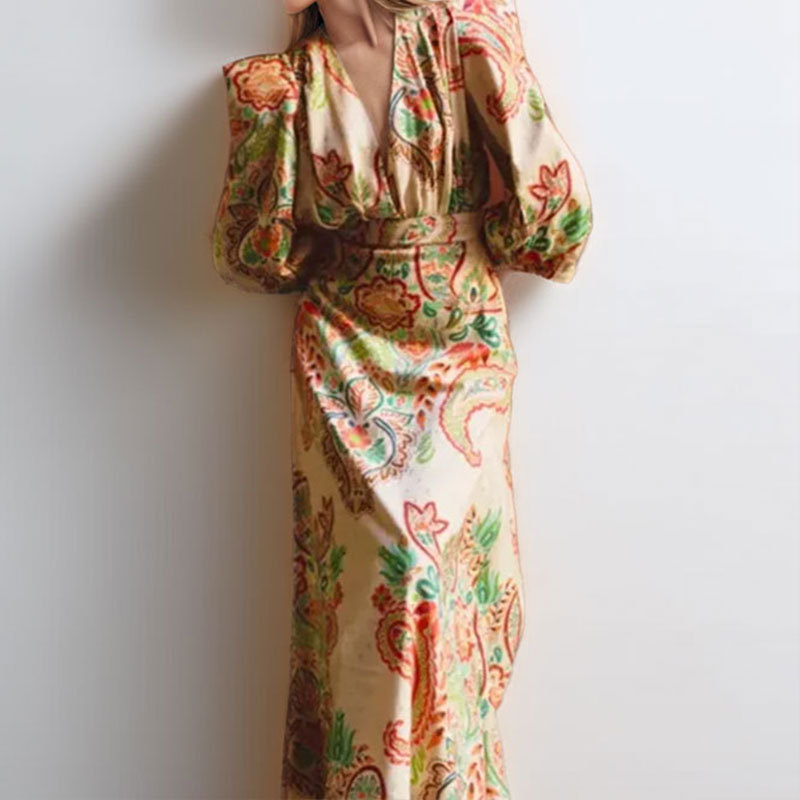 Ethnic Style V-neck Long Sleeve Tight Waist Slimming Sense Of Design A- Line Dress Women