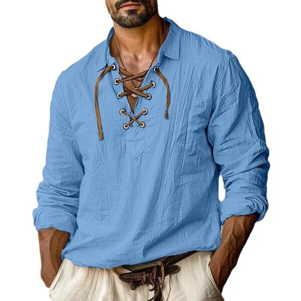 Men's Plus Size Lapels Lace Shirt Solid Color Linen Loose Long Sleeve Shirt - Image 7