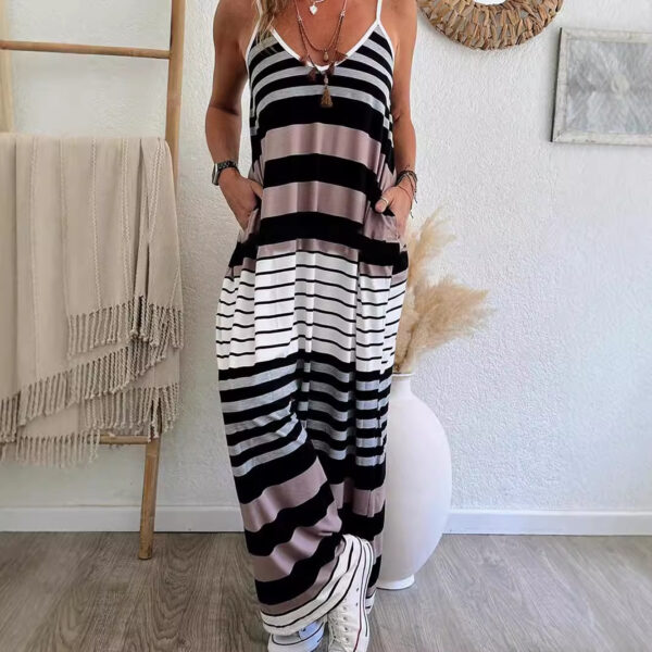 Loose Casual Low Cut Dress Striped Print - Image 2
