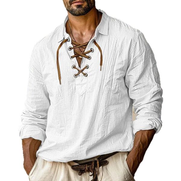 Men's Plus Size Lapels Lace Shirt Solid Color Linen Loose Long Sleeve Shirt - Image 4