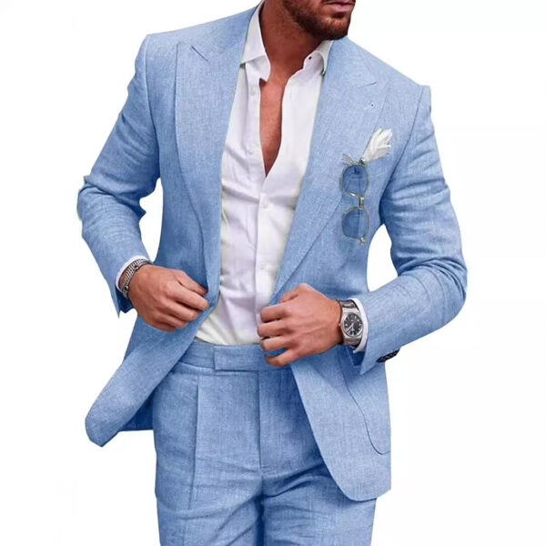 Men's Large Single Row One Button Solid Color Suit Two-piece Set - Image 2