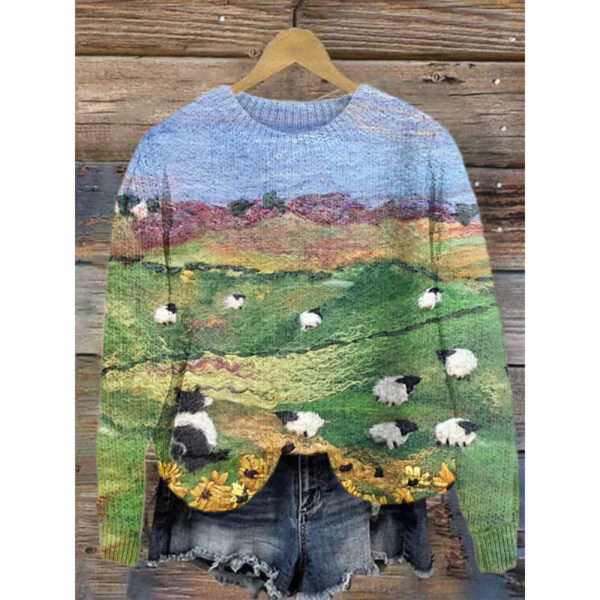 Little Flower Digital Printed Round Neck Sweater - Image 5
