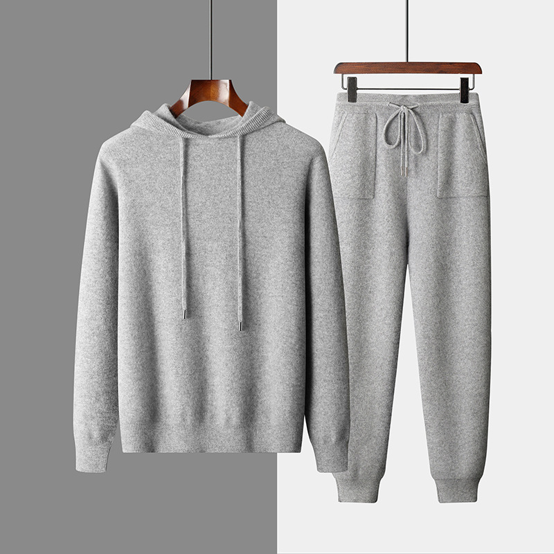 Men’s Solid Color Casual Hooded Knitted Sweatshirt Long Pants Set
