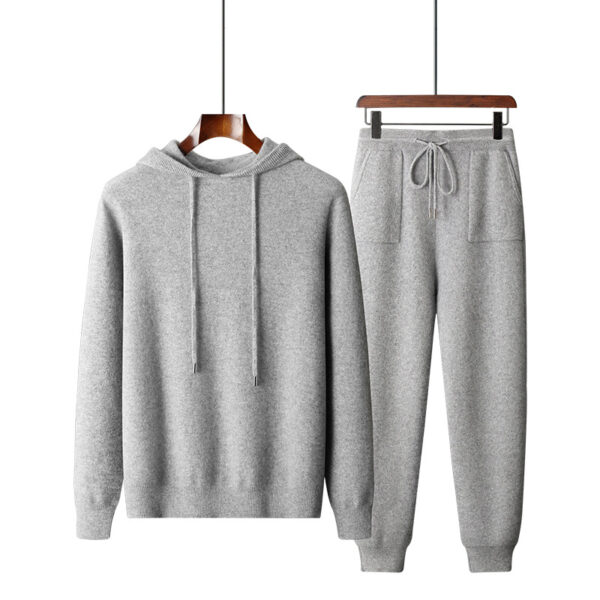 Men's Solid Color Casual Hooded Knitted Sweatshirt Long Pants Set - Image 2