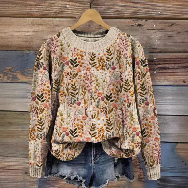Little Flower Digital Printed Round Neck Sweater