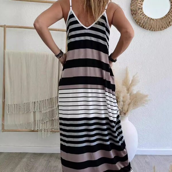 Loose Casual Low Cut Dress Striped Print - Image 3