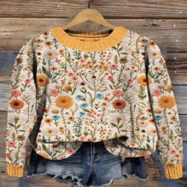 Little Flower Digital Printed Round Neck Sweater - Image 9