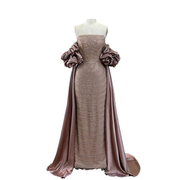 Dried Rose High-end Elegant Beaded Fishtail Annual Party Banquet Host Luxury Dress - Image 3