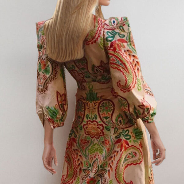 Ethnic Style V-neck Long Sleeve Tight Waist Slimming Sense Of Design A- Line Dress Women - Image 2