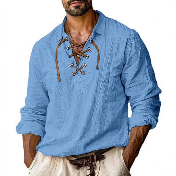 Men's Plus Size Lapels Lace Shirt Solid Color Linen Loose Long Sleeve Shirt - Image 8