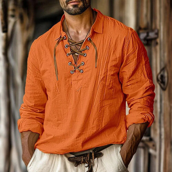 Men's Plus Size Lapels Lace Shirt Solid Color Linen Loose Long Sleeve Shirt - Image 6