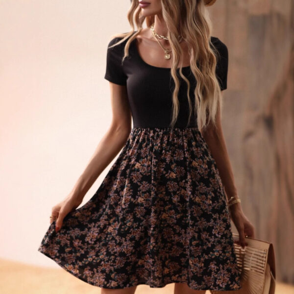 European And American Spring And Summer Floral Print Low Collar Leisure Vacation High Waist Big Swing Dress - Image 3