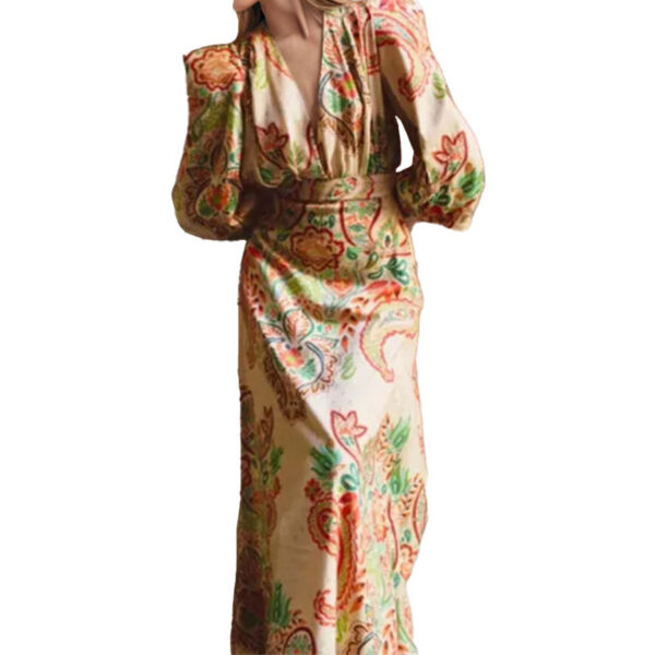 Ethnic Style V-neck Long Sleeve Tight Waist Slimming Sense Of Design A- Line Dress Women - Image 3
