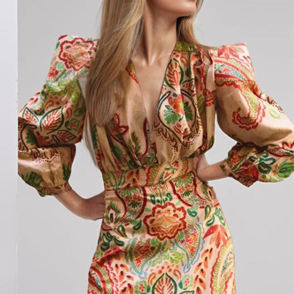 Ethnic Style V-neck Long Sleeve Tight Waist Slimming Sense Of Design A- Line Dress Women - Image 4