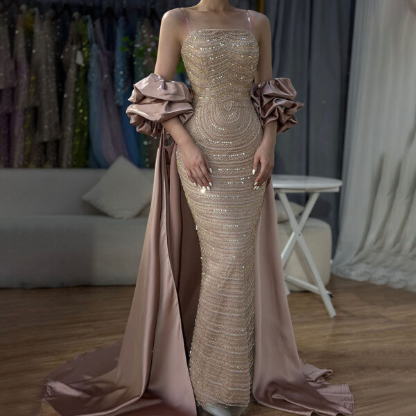 Dried Rose High-end Elegant Beaded Fishtail Annual Party Banquet Host Luxury Dress - Image 2
