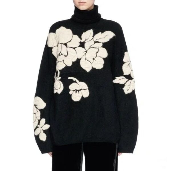 Three-dimensional Flower Jacquard Turtleneck Retro Loose Knitted Sweater - Image 5