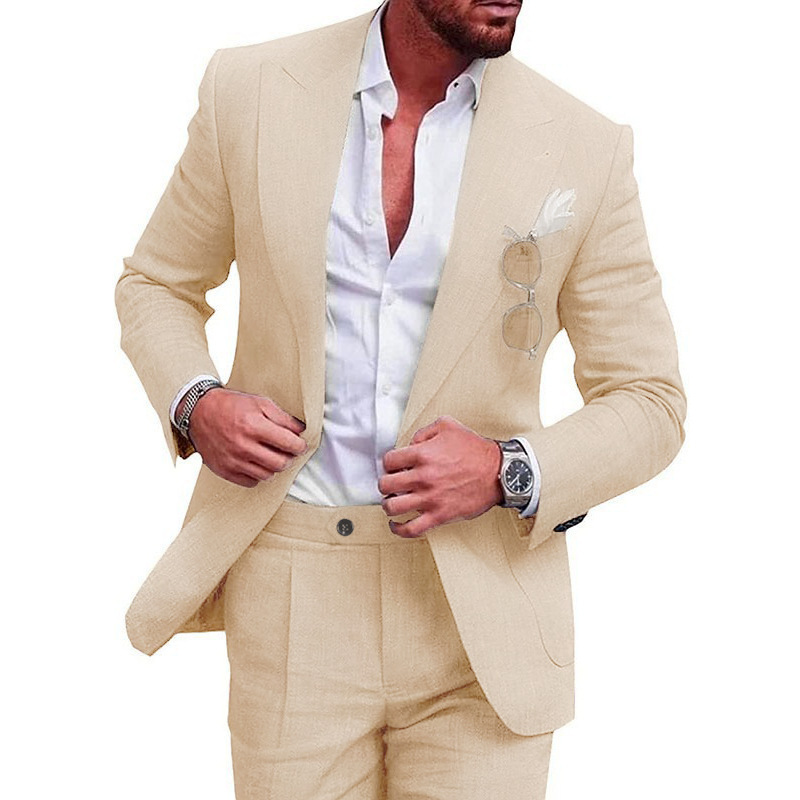 Men’s Large Single Row One Button Solid Color Suit Two-piece Set