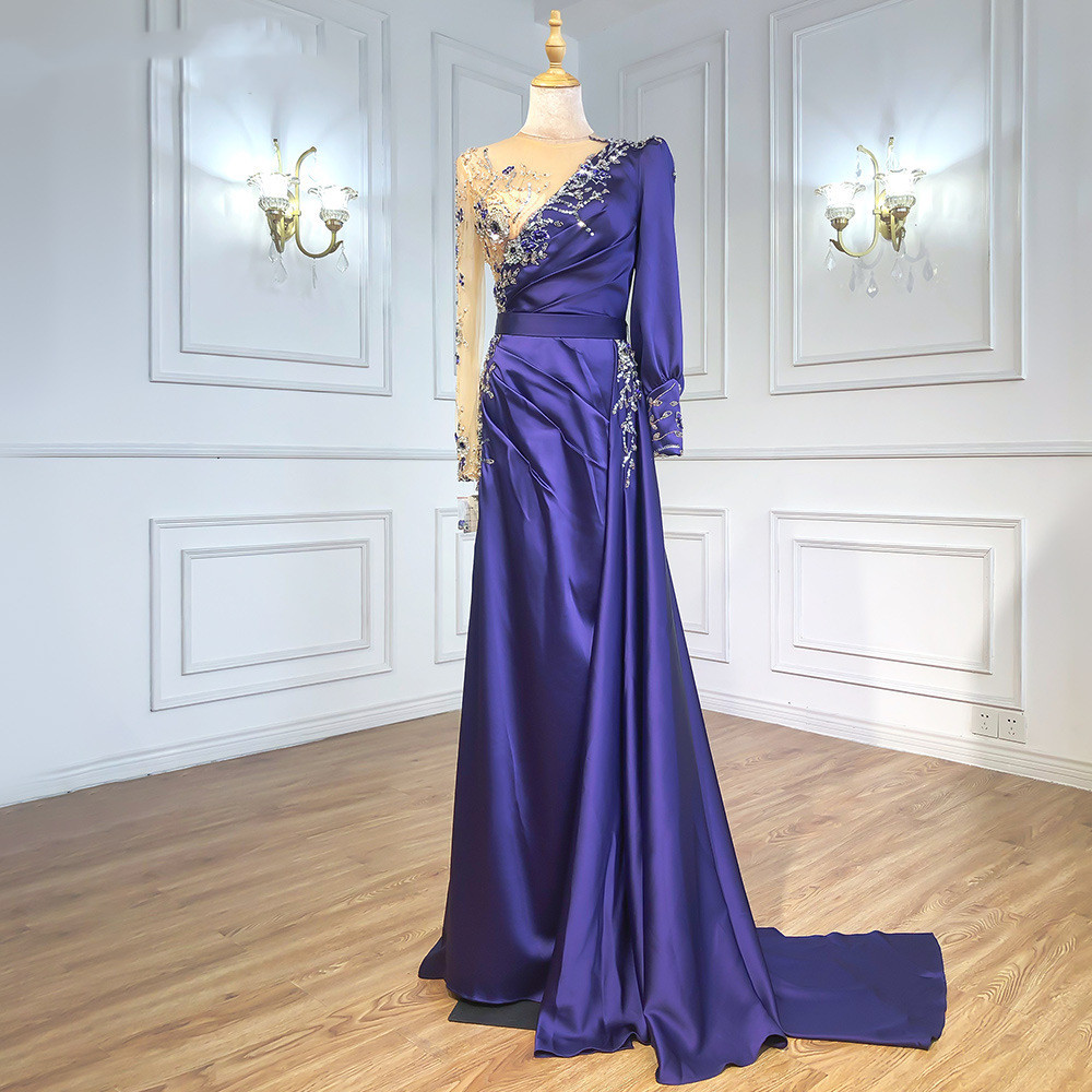 Wine Red Satin Round Neck Slim Dress