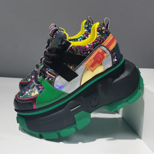 Leather Sequins And Color-blocking Sponge Cake Platform Height-enhancing Shoes - Image 2