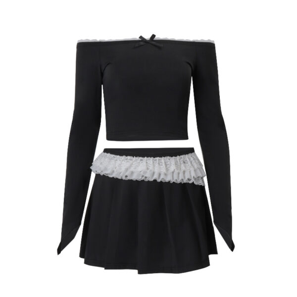 Pure Desire Wind Sweet One Shoulder Bow Long Sleeve Top Half Body Short Skirt Set - Image 5