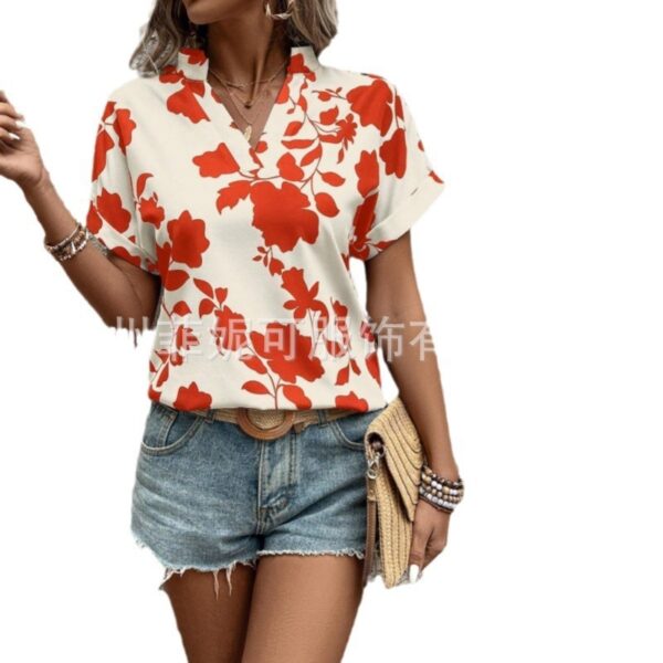 Big Floral Print V-neck Batwing Sleeve Leisure Loose Shirt - Image 9