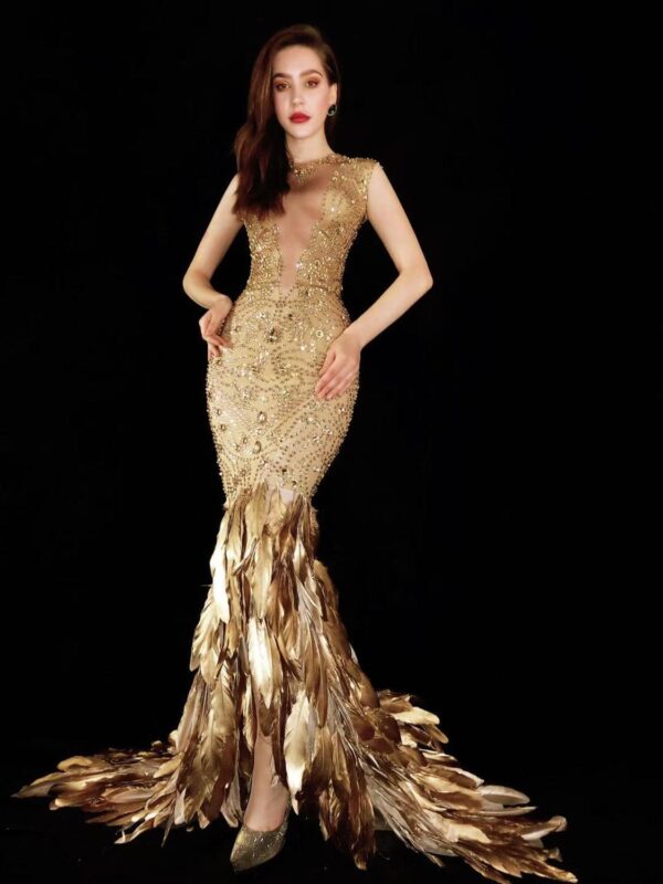 Gold Feather Rhinestone Bag Hip Elastic Evening Dress - Image 5