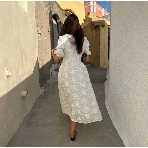 V-neck Puff Sleeve Dress White Embroidered Women - Image 2