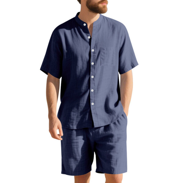 American Linen Suit Men's Summer Two-piece Suit Henry Collar Beach - Image 4